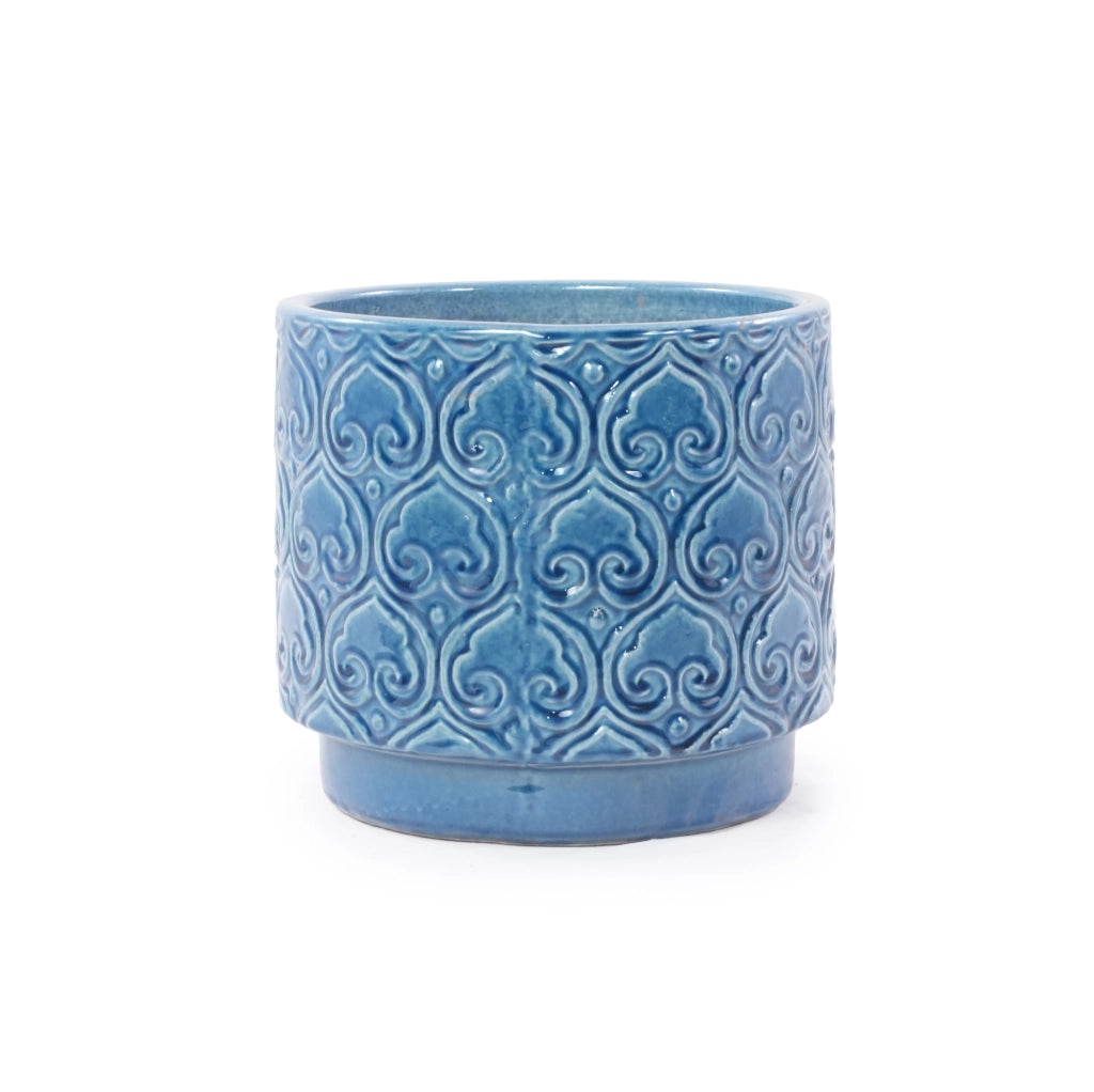 Vaso da Giardino in Ceramica Artigianale Ø38 cm Blu Lucido con Motivo a Cuore e Foro di Drenaggio, Resistente al Gelo
