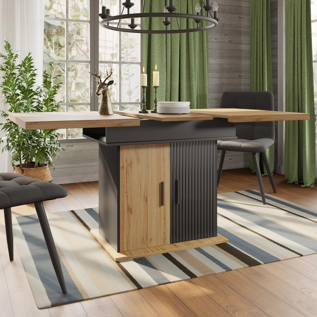 Tavolo allungabile con vano contenitore e ripiani regolabili in MDF e metallo nero naturale 110–140 × 80 × 75 cm