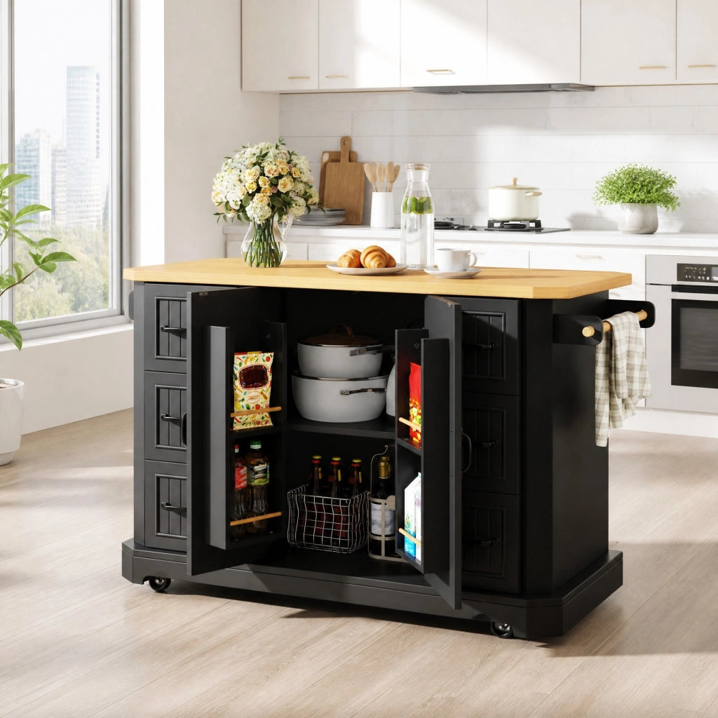 Isola cucina mobile 120x45x91 cm con 2 ante e 6 cassetti nera HOMVRA