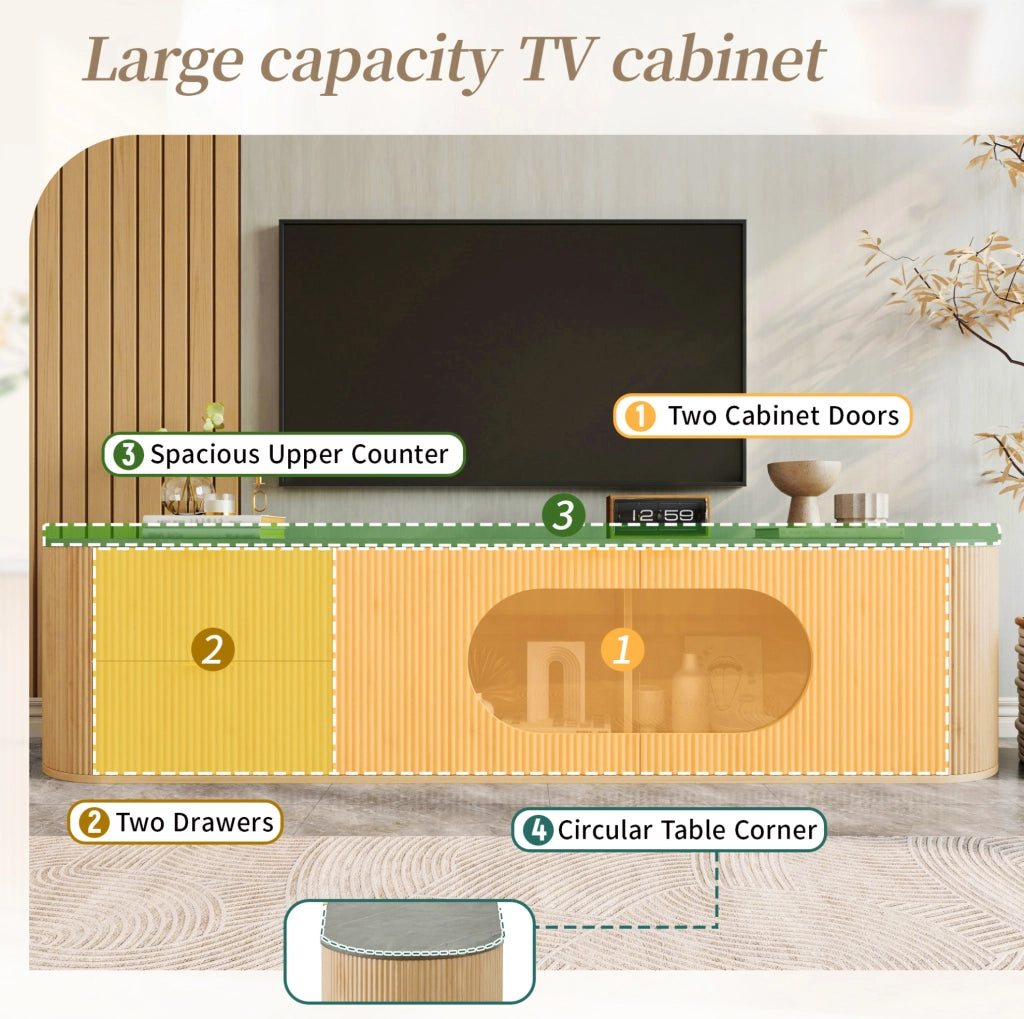 Mobile TV in MDF effetto legno naturale con ante 3D verticali e vetrina ovale in vetro grigio, 172x38x45,5 cm