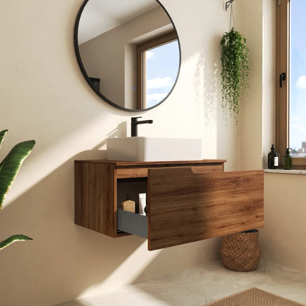 Mobile bagno sospeso 80 cm un cassetto rovere scuro con top | Berg