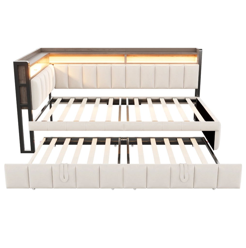 Divano letto estraibile 90x200 cm con LED, USB e USB-C in velluto beige