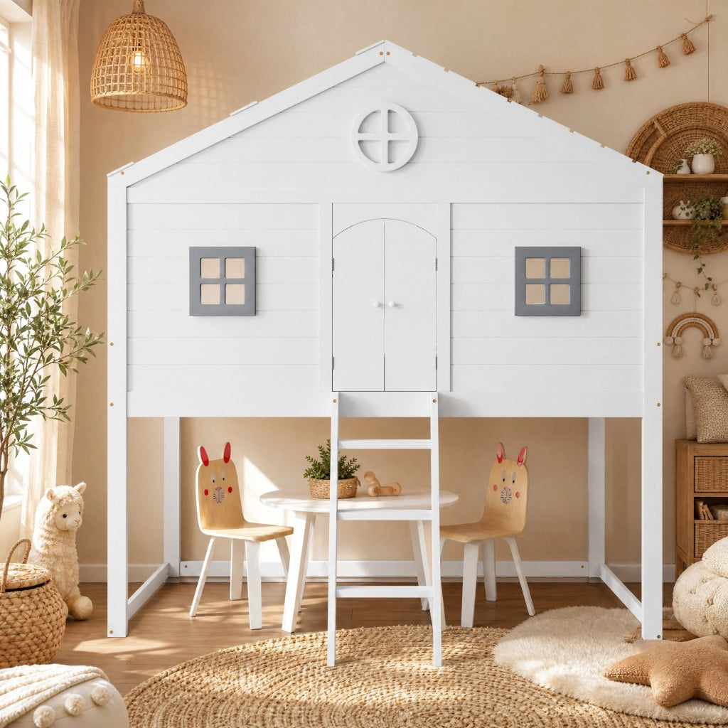 Letto a soppalco per bambini 90 × 200 cm con scala e protezione anticaduta in legno e MDF bianco e grigio
