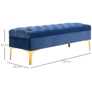 Panca imbottita multifunzione con seduta capitonne e piedi metallici in velluto blu e oro 118×45×42 cm