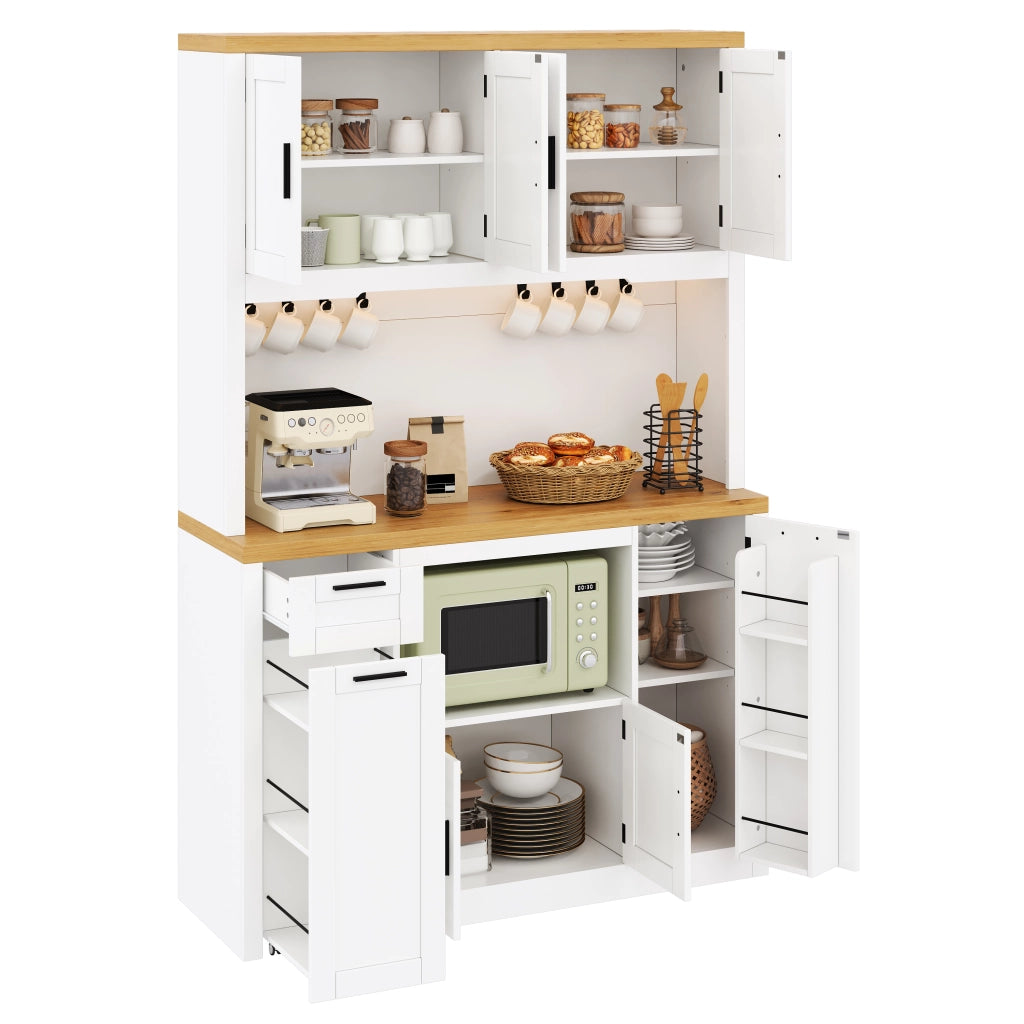 Mobile da cucina con cassetti su tre livelli e ripiani regolabili con LED e prese in MDF bianco e naturale
