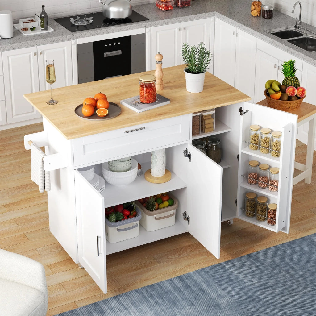 Tavolo da cucina mobile 132,5x44x90 cm con piano ribaltabile, effetto rovere. Mobile multifunzione con portaspezie e porta asciugamani, 5 ruote. Per cucina/casa