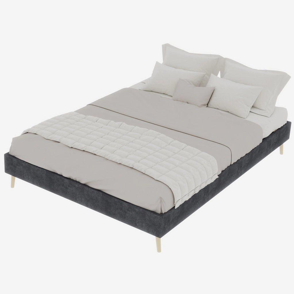 Letto matrimoniale 140 × 200 cm in velluto grigio, struttura bassa in tessuto e metallo, senza materasso