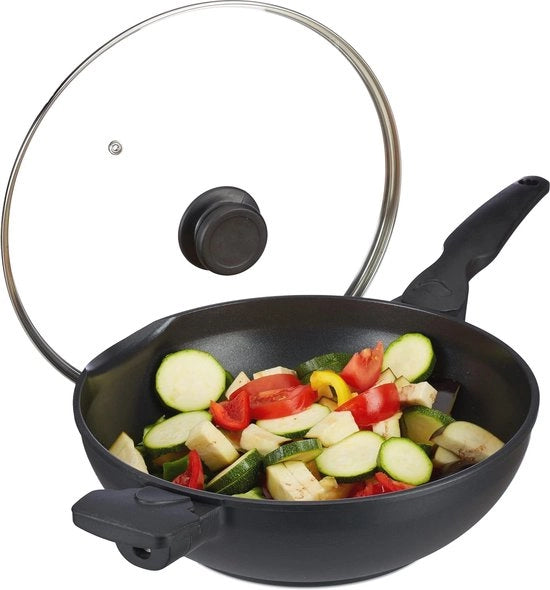 Wokpan con coperchio 30 cm - 4 litri - Antiscivellamento per fornelli a gas e elettrici - Nero