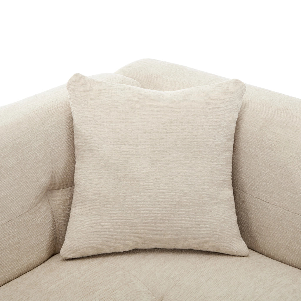 Divano angolare 3 posti in ciniglia beige con pouf contenitore e 2 cuscini