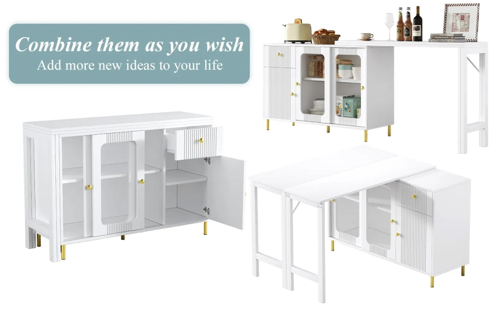 Credenza moderna bianca con ante scorrevoli in vetro e motivo ondulato, piano tavolo ribaltabile ed estensibile con superficie girevole, gambe in metallo oro. Per cucina e sala da pranzo
