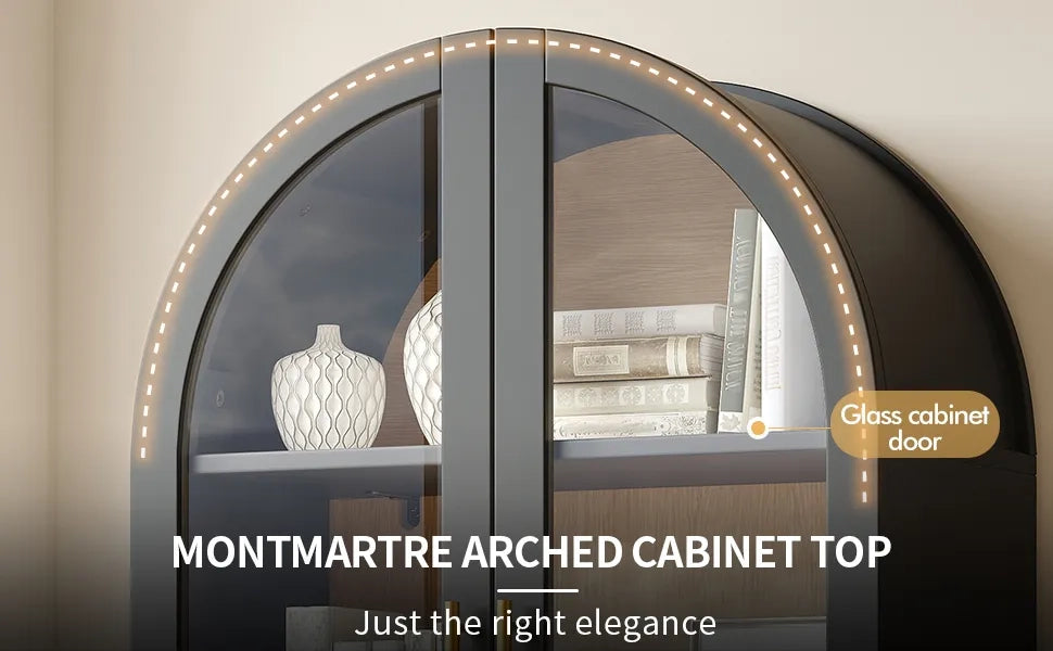 Vetrina Retro Nera 175x80x40 cm con 2 Ante Arco Montmartre, Libreria con 2 Cassetti e Ripiani Regolabili