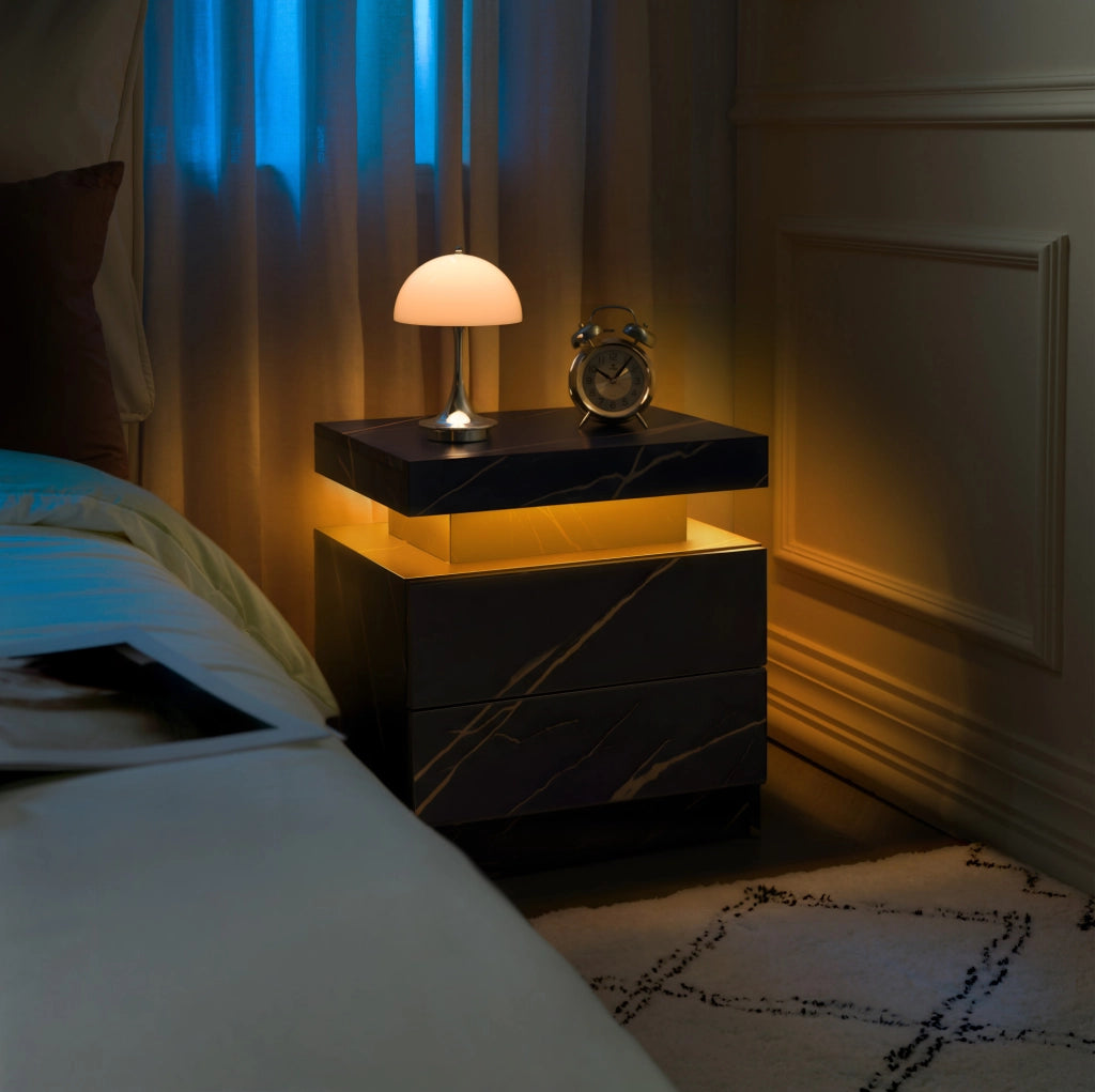 Comodino moderno con luci LED regolabili, 2 cassetti, colore nero e oro