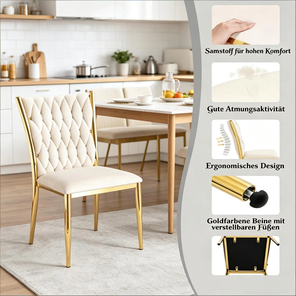 Sedia da Pranzo con Schienale Alto Ergonomico e Piedini Regolabili in Velluto Metallo Bianco Crema Oro
