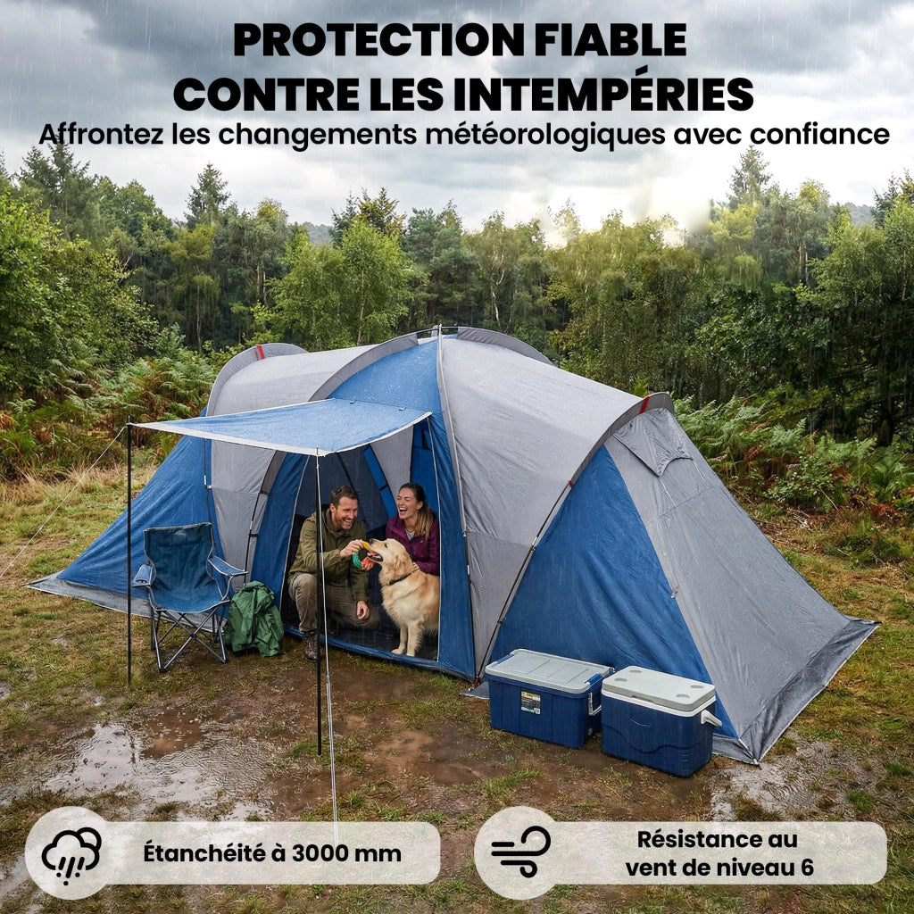 Tenda da Campeggio a Tunnel Familiare 4-5 Persone Blu Doppio Strato con 2 Camere Soggiorno Impermeabile 3000 mm per Giardino