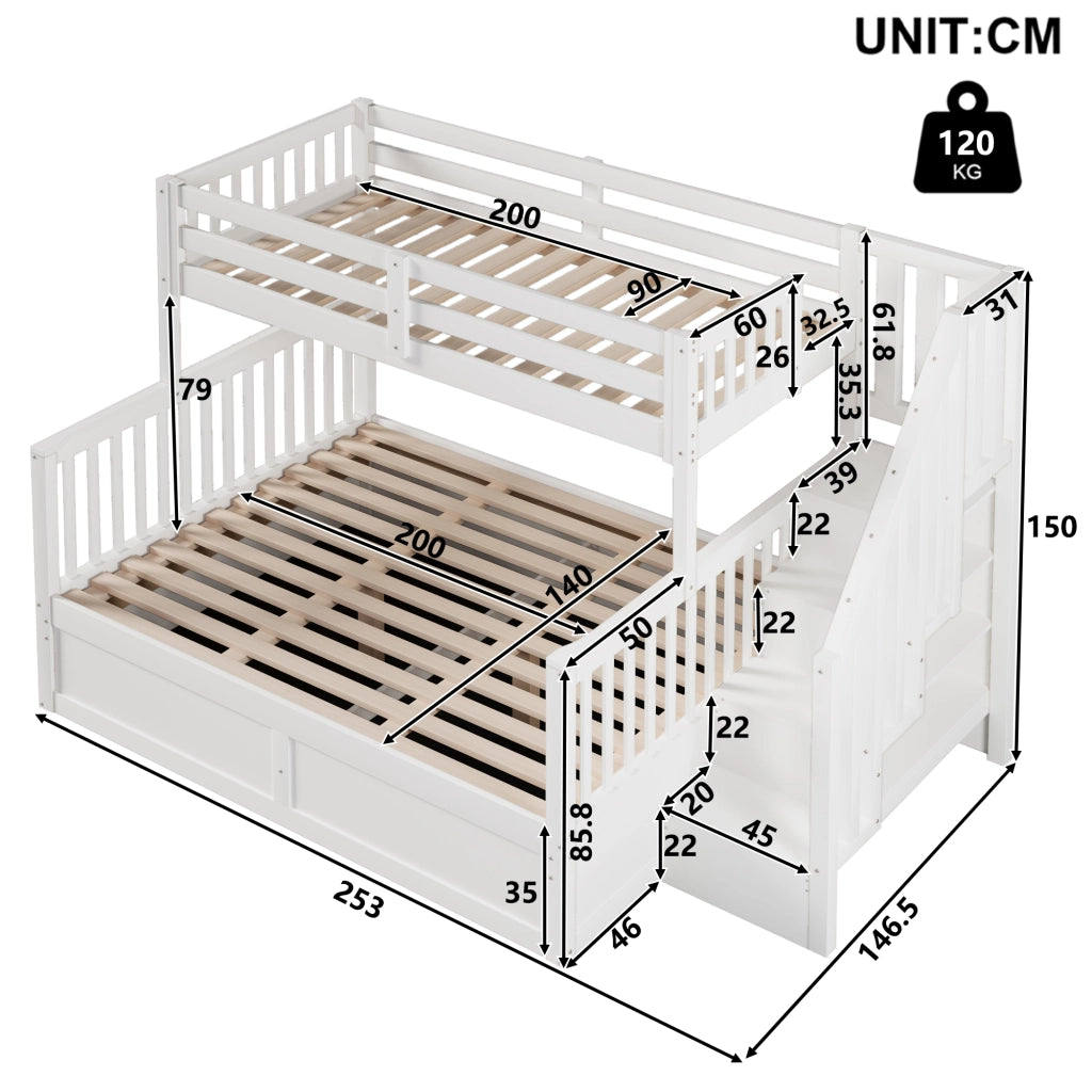 Letto a castello con vano contenitore idraulico e scala con vani in legno bianco e naturale