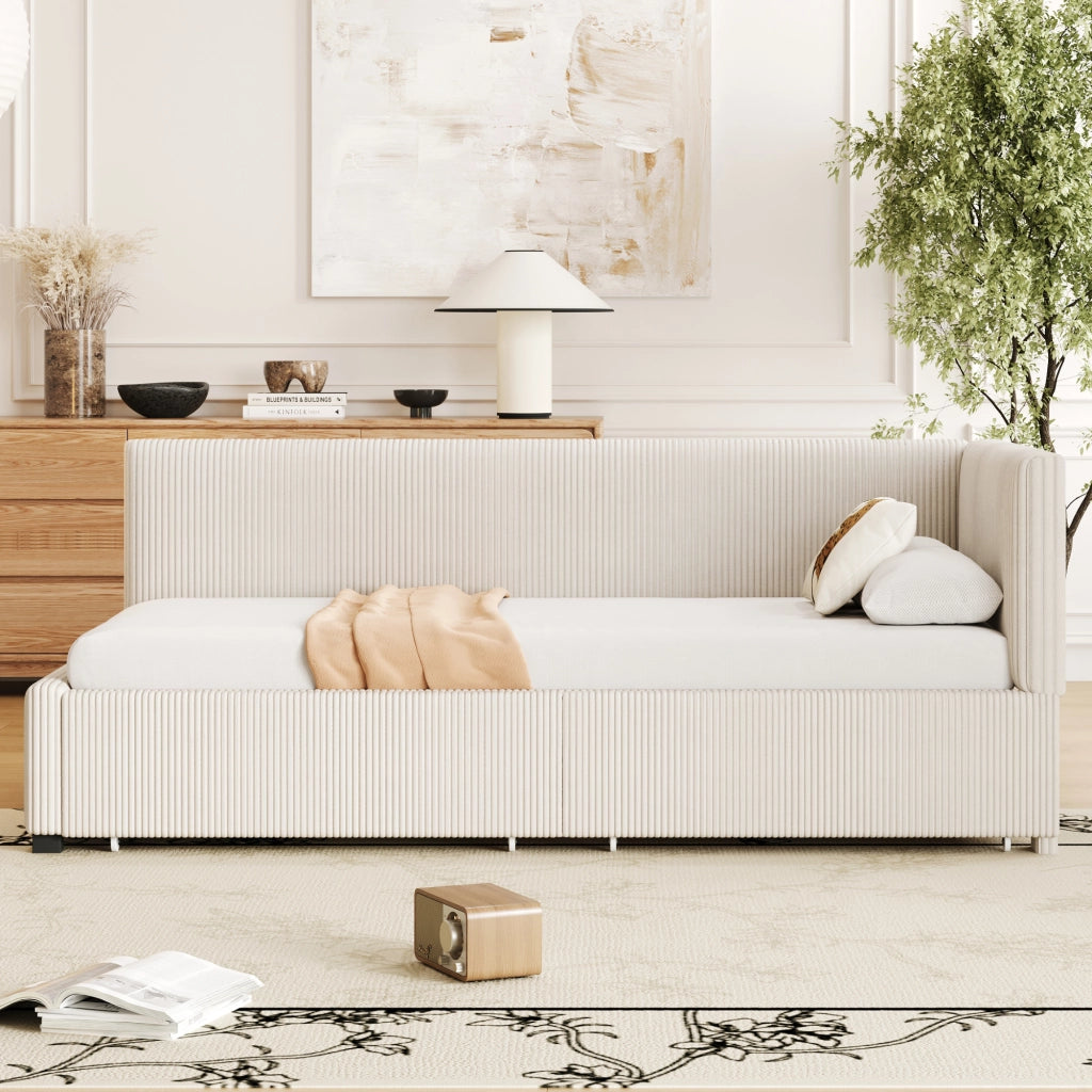 Letto imbottito singolo 90×200 cm con 2 cassetti; testiera reversibile e rete; senza materasso; beige