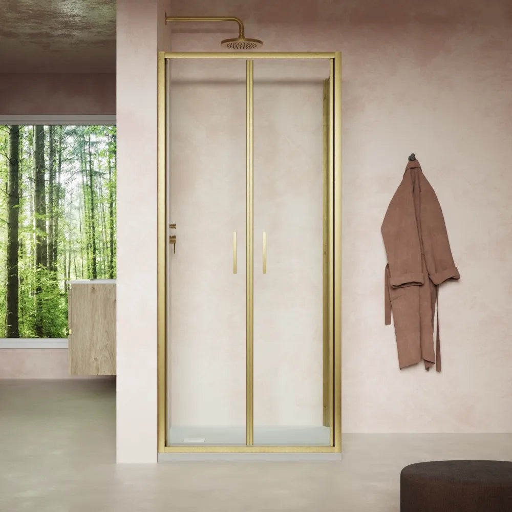 Box doccia slim 100x90cm con apertura saloon e parete fissa profili oro spazzolato e vetro 6mm trasparente anticalcare h190| Portofino