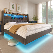Letto imbottito 140x190 cm con illuminazione LED, testiera con porta USB e Type-C, design moderno con piano a doghe, rivestimento in lino grigio (senza materasso)