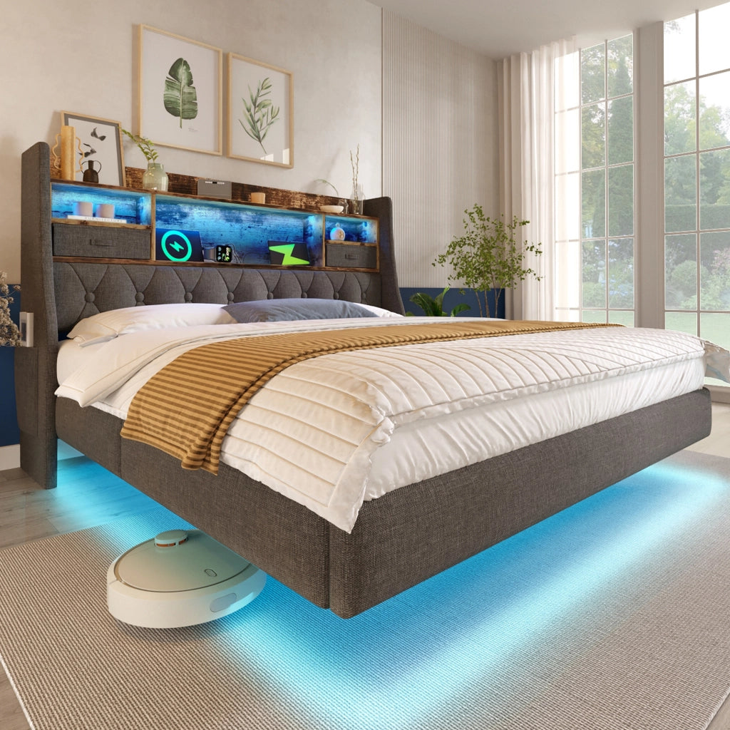 Letto imbottito 140x190 cm con illuminazione LED, testiera con porta USB e Type-C, design moderno con piano a doghe, rivestimento in lino grigio (senza materasso)