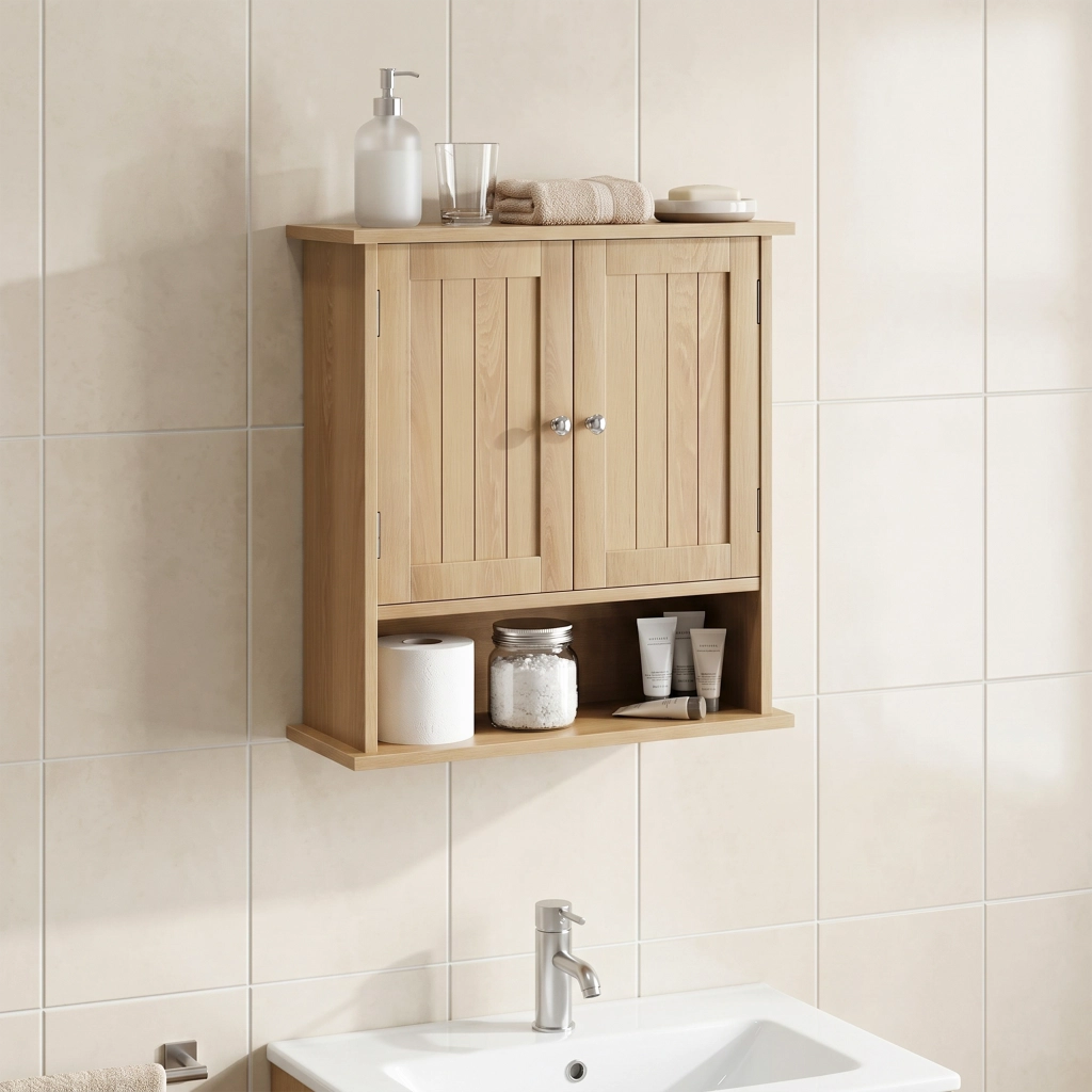 Armadietto pensile da bagno con 2 ante e vano aperto, finitura effetto rovere, in MDF marrone multicolore, per bagno