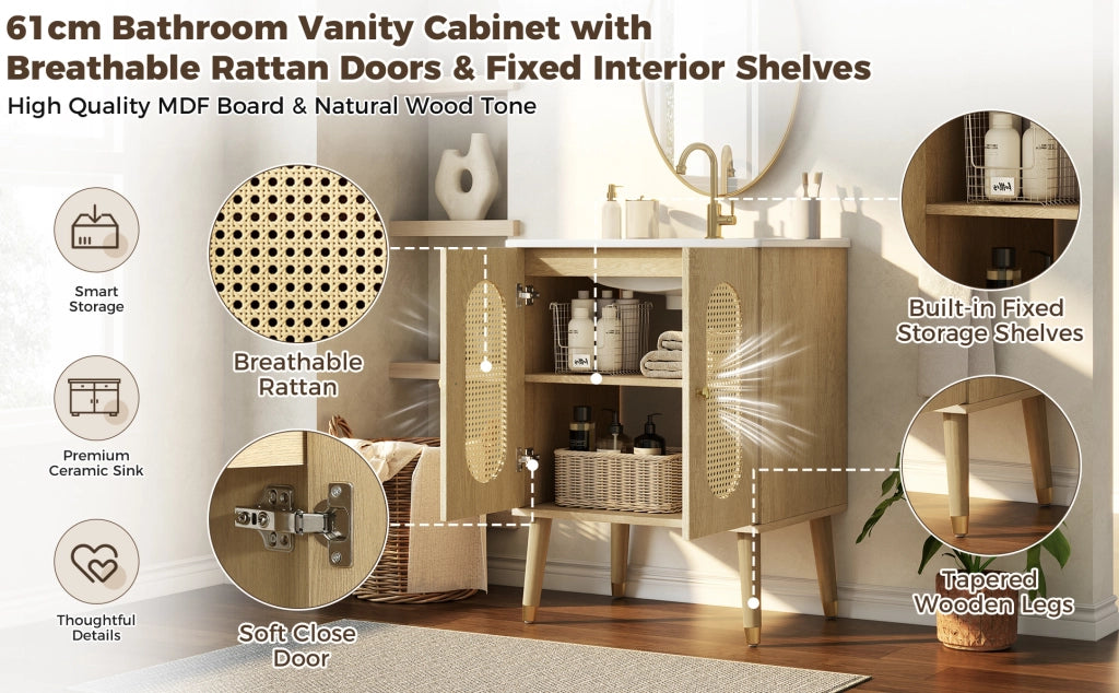 Mobile bagno 61cm con lavabo in ceramica, ante in rattan traspirante e struttura in MDF effetto legno naturale