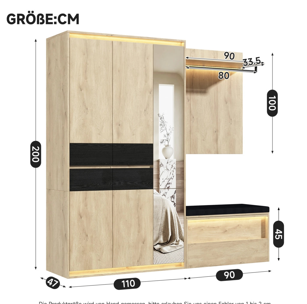 Set guardaroba da ingresso 200x47x200 cm con LED, specchio e 4 cassetti in MDF