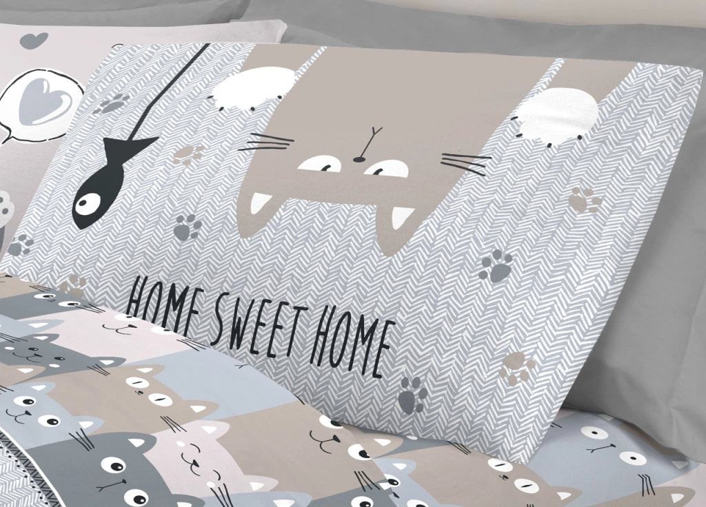 Completo Lenzuola Letto Pensieri Delicati 100% Cotone Disegno Happy Cat - Piazza E Mezza - Grigio