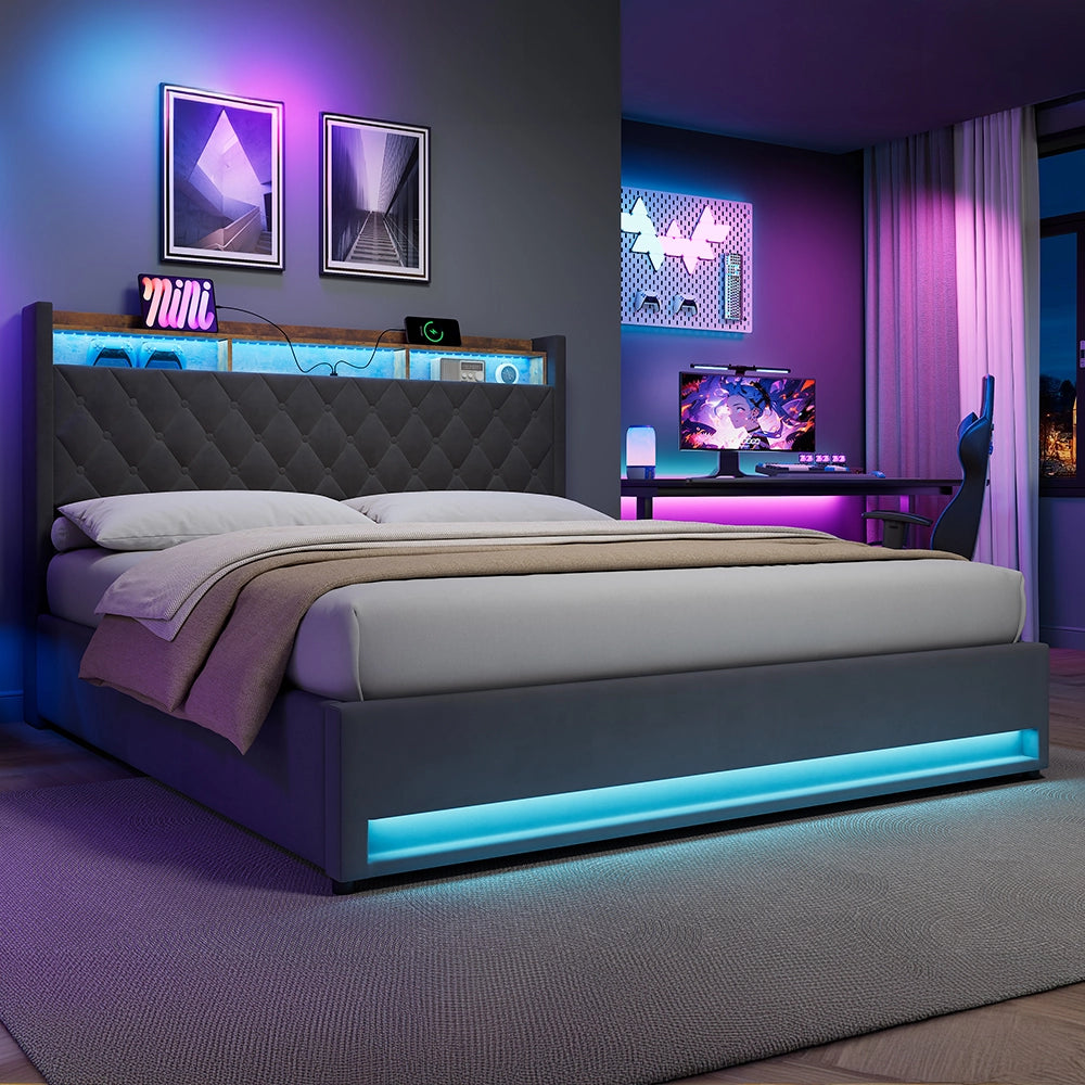 Letto contenitore 180x200 cm; LED RGB; porta USB; testiera imbottita; vano contenitore; mensola; velluto grigio; materasso escluso