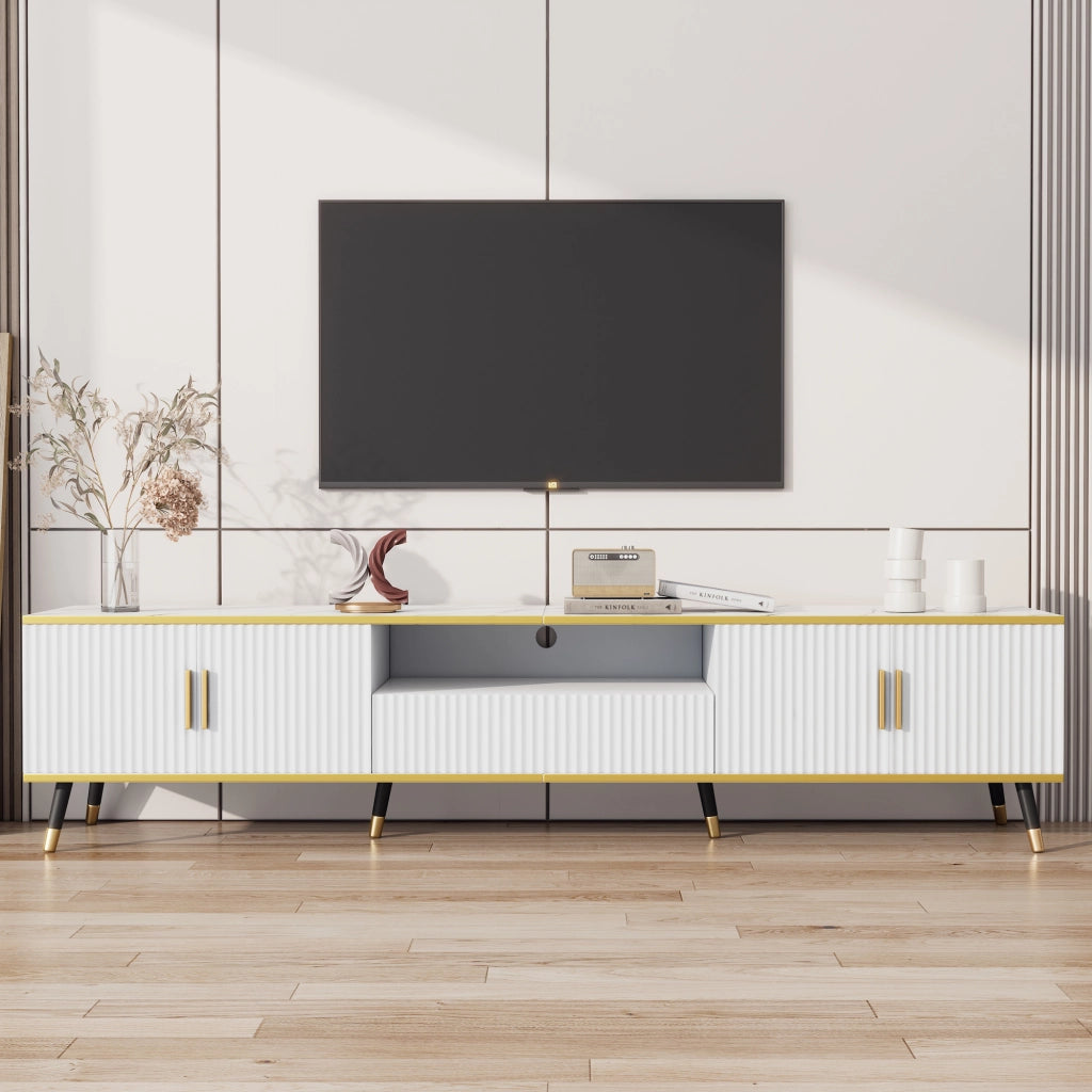 Mobile TV 200 cm Bianco Effetto Marmo per TV Fino a 90 Pollici con Ante e Cassetto