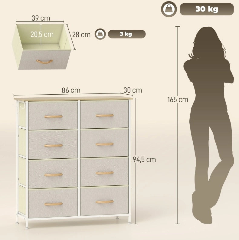 Comò con 8 cassetti in tessuto, struttura in acciaio e 4 tasche laterali beige, 86x30x94,5 cm