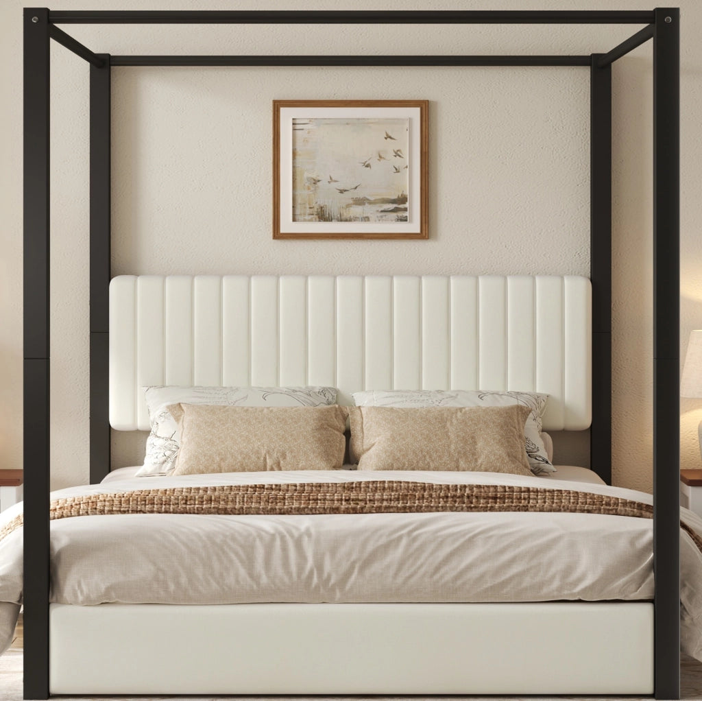 Letto imbottito con struttura a baldacchino 180x200 cm, testiera imbottita e telaio in metallo beige e nero