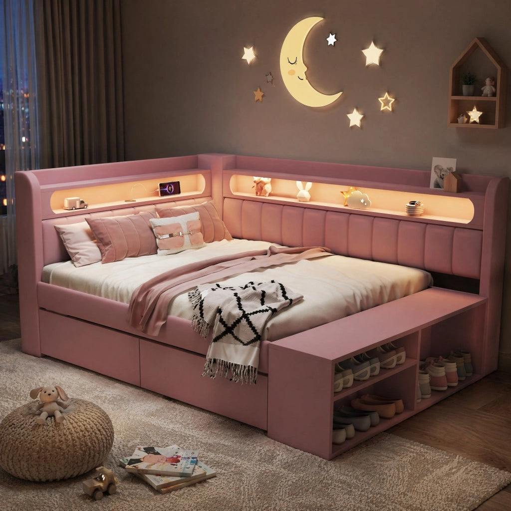 Letto con cassetti 90 × 200 cm con LED USB mobile portascarpe struttura imbottita in MDF e compensato rosa