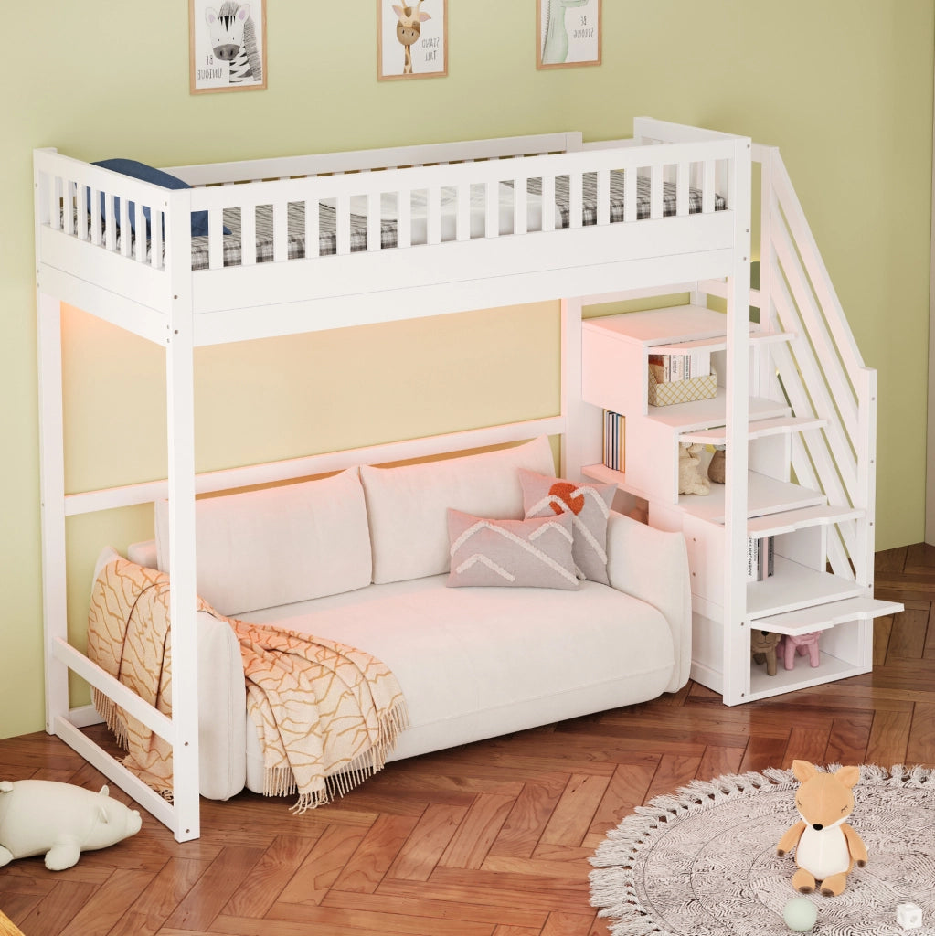 Letto a castello alto 90x200 cm in legno bianco con scala contenitore e LED