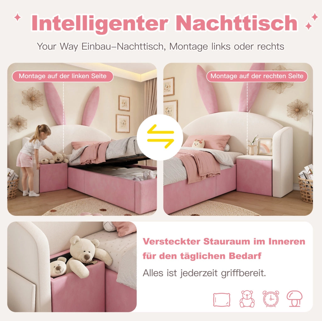 Letto per bambini 90x190 cm in velluto con comodino, beige e rosa