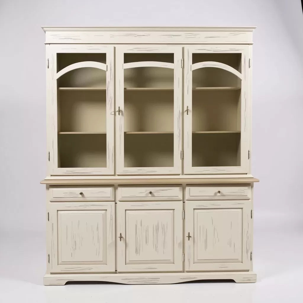 Cristalliera 3 ante legno shabby bianco anticato e tortora 156x42x205 - Mobili 2G