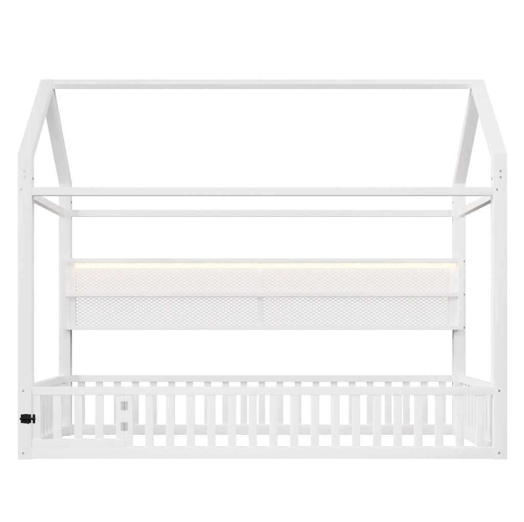 Letto per bambini a forma di casa 90x200 cm con recinto di sicurezza e LED; metallo bianco