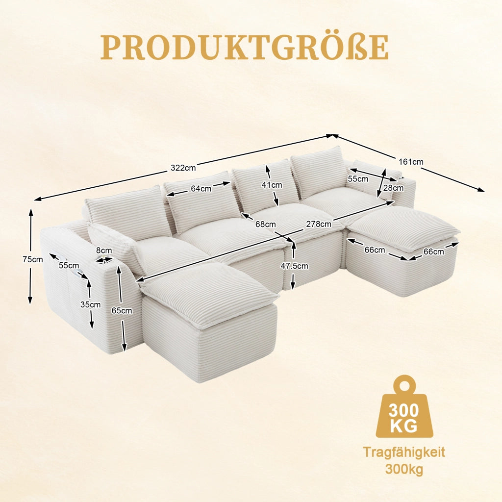 Divano modulare 4 posti - con tasche laterali e cuscini - in velluto a coste beige