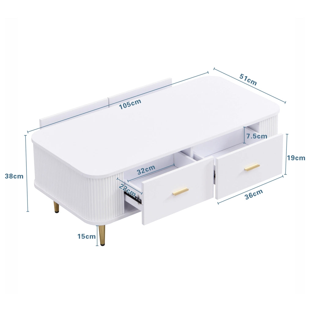 Tavolino da salotto moderno 105x51x38 cm in MDF bianco con 4 cassetti e dettagli oro
