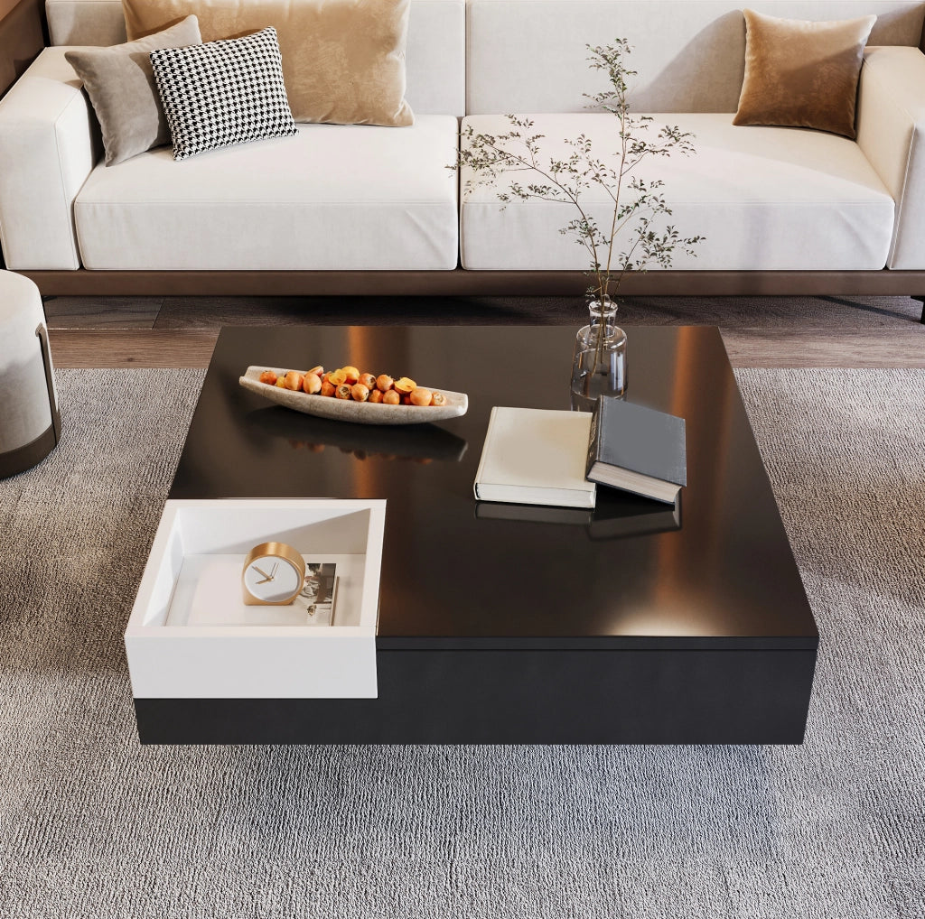 Tavolino da caffè 72x72x30 cm in truciolare nero e bianco lucido con box portaoggetti e LED