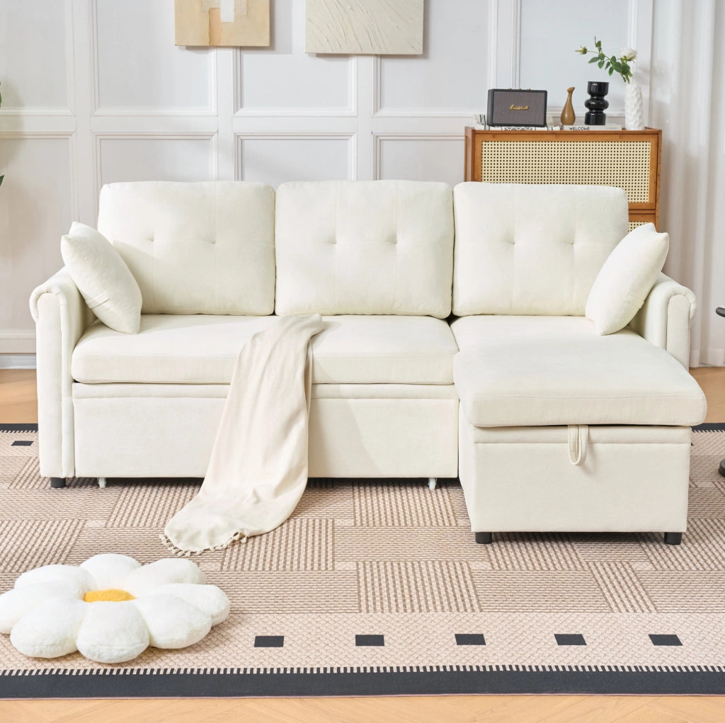 DIVANO Angolare Letto con Contenitore 206x130 cm Chenille Beige