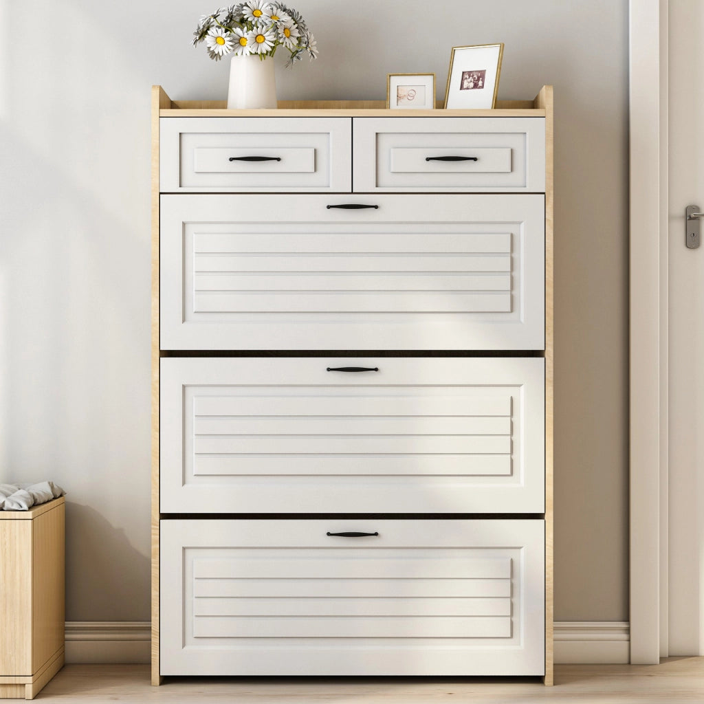 Scarpiera con 3 ripiani girevoli e cassetti maniglie in metallo bianco e naturale 80 × 23.5 × 131 cm