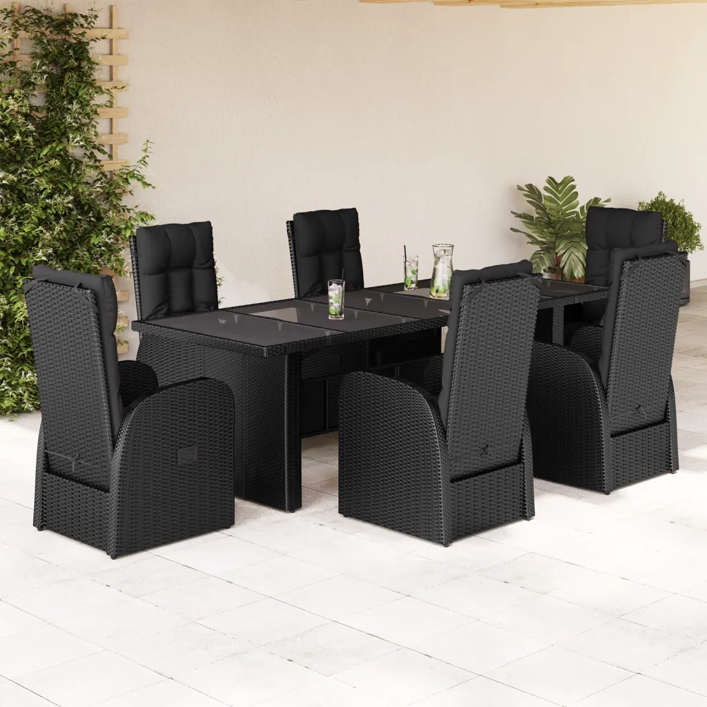 Set da Pranzo da Giardino 7 pz Nero con Cuscini in Polyrattan 3277640