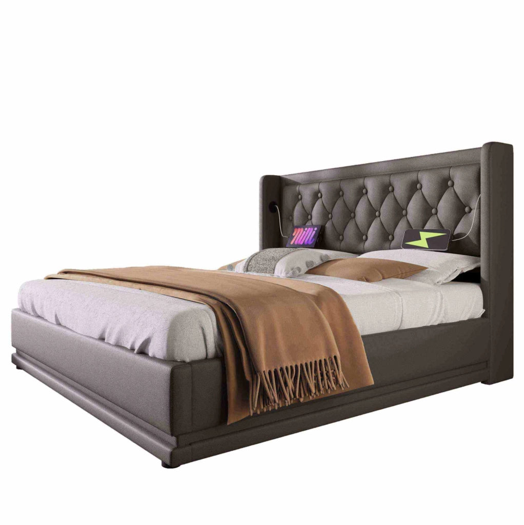Letto matrimoniale con contenitore, LED e ricarica USB Type-C
