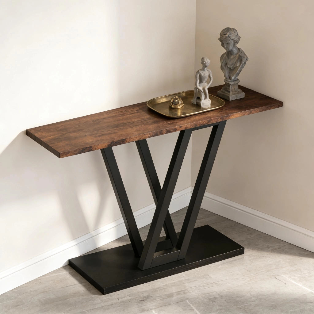 Consolle stretta con gambe metalliche a V piano in MDF struttura in metallo nero marrone rustico 110 × 30 × 80 cm