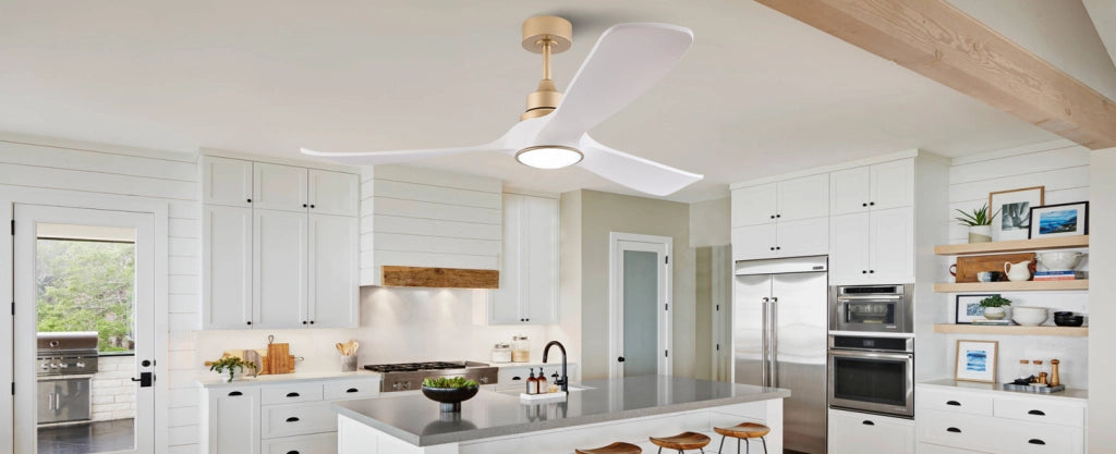 Ventilatore da soffitto 52 pollici con luce e telecomando, ABS bianco e oro
