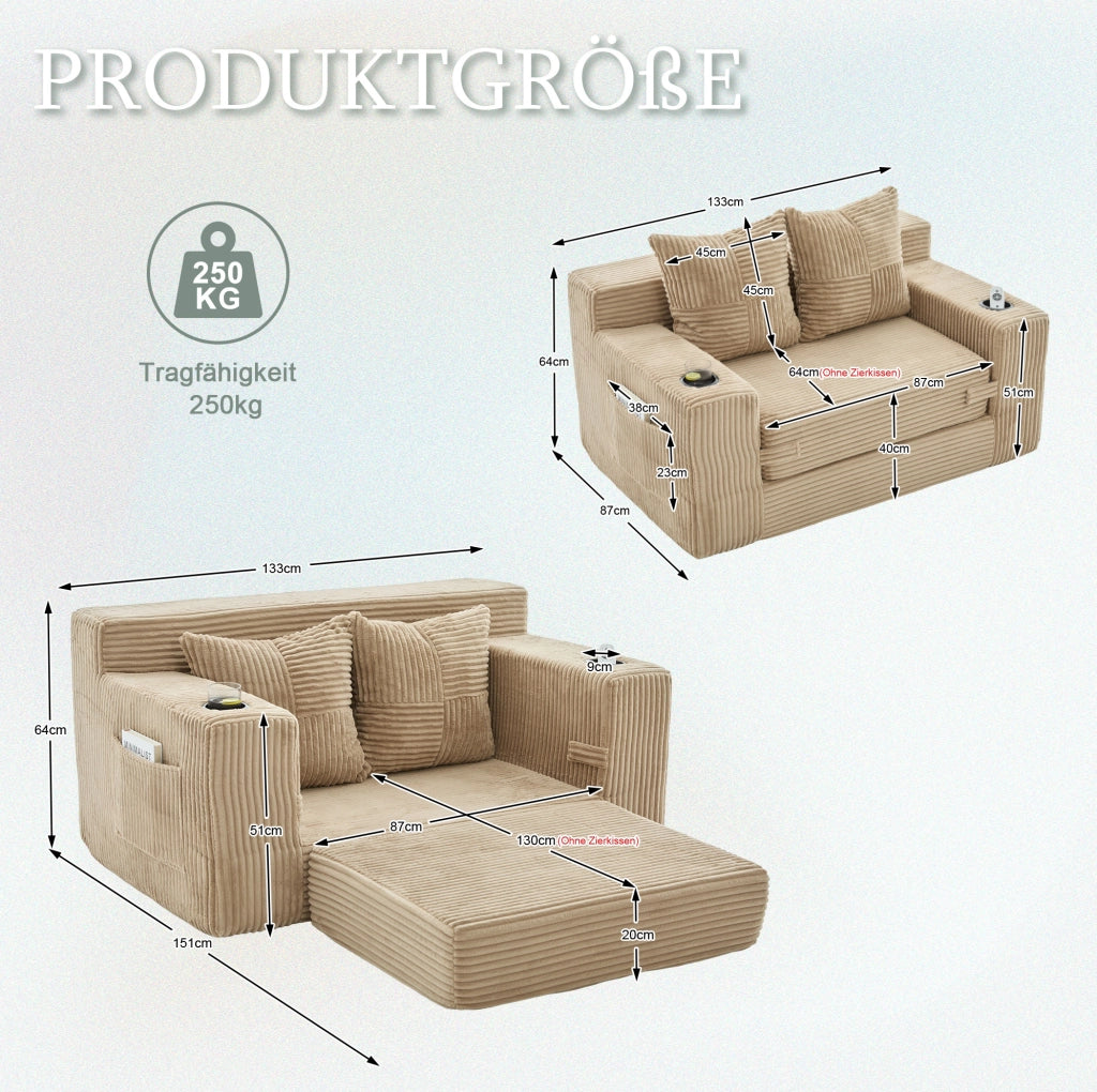 DIVANO Pouf 151x133x64 cm in Velluto a Coste Khaki con Tasche Laterali