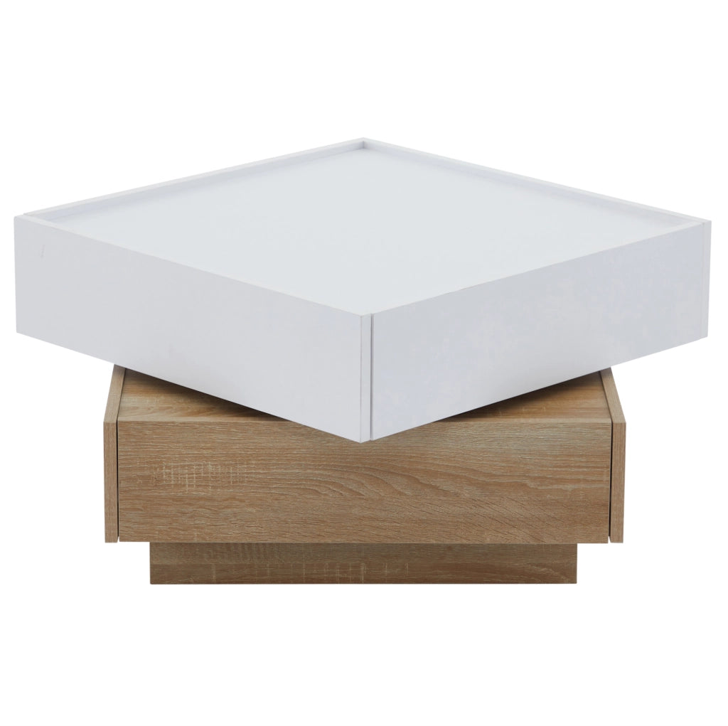 Tavolino da caffè 60x60x38 cm; girevole 360°; con cassetti; truciolare bianco e noce