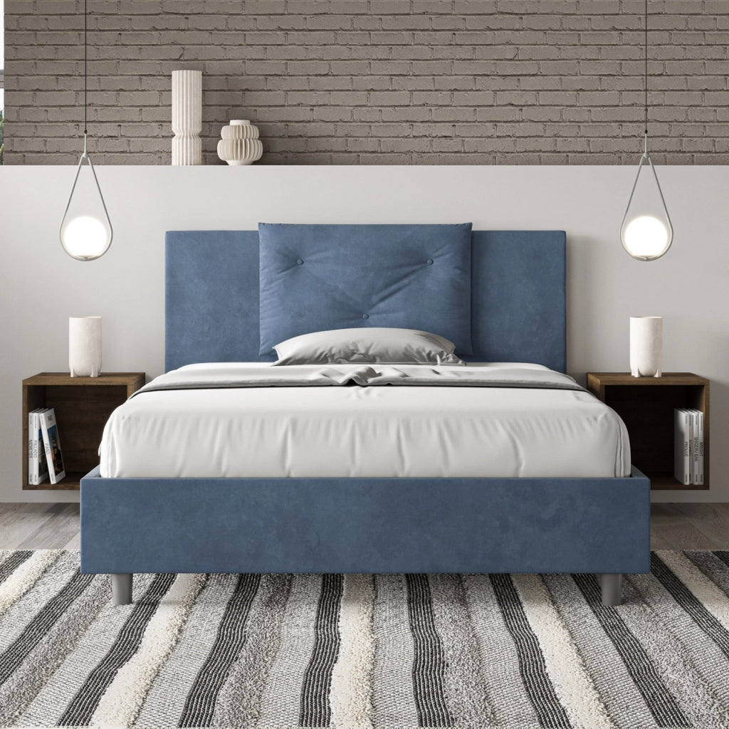 BS COM Letto matrimoniale francese con rete imbottito 140x190 microfibra blu