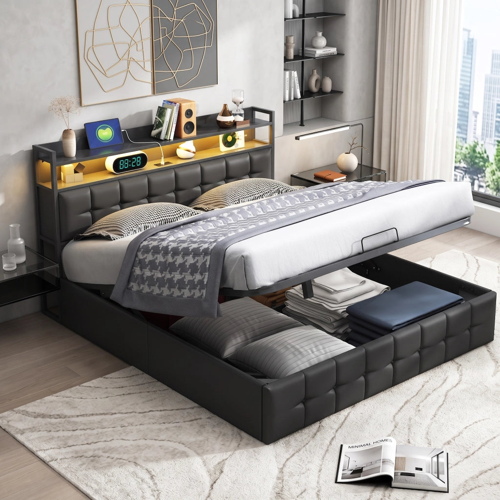 Letto matrimoniale 160x200 cm con contenitore LED USB testiera struttura letto MDF e PU - grigio