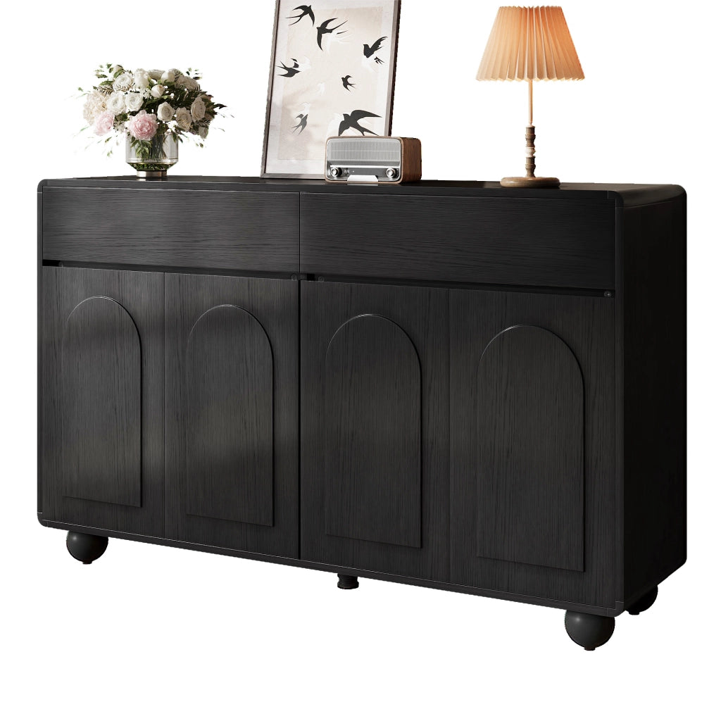 Sideboard moderno per soggiorno con ante curve, mobile contenitore in PB e MDF, piedi rotondi in metallo